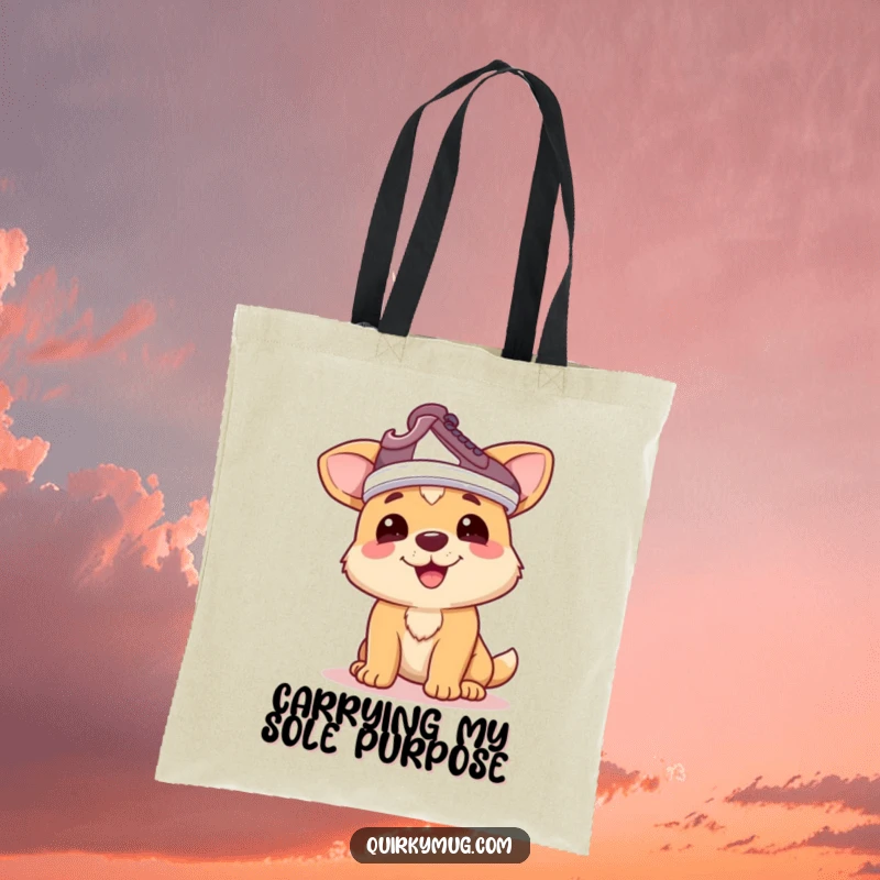 Funny dog tote bag: Happy dog character wearing a shoe on its head as a hat, a stylish and funny gift.
