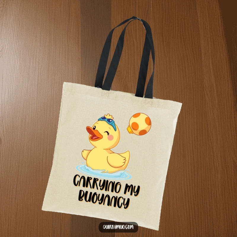 Funny tote bag showing a cheerful giant rubber duck wearing swim fins and doing a cannonball splash.