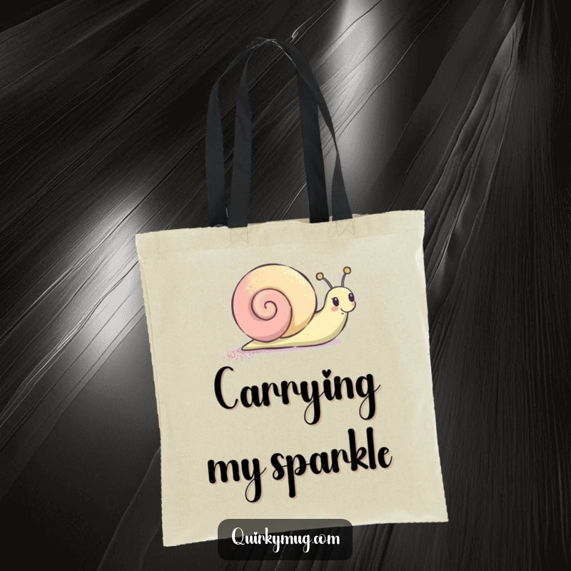 Funny Tote Bag featuring a joyful snail character leaving a shimmering glitter trail, ideal for carrying humor everywhere.