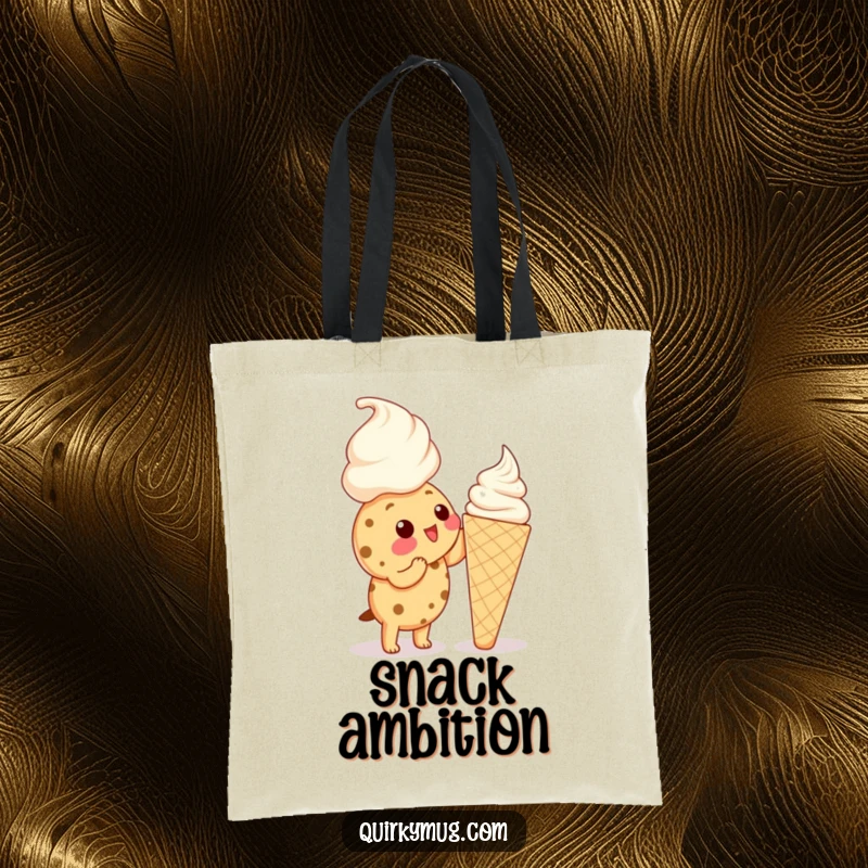 Funny Kawaii cookie character reaching up to lick a huge ice cream cone on a tote bag, looking determined.
