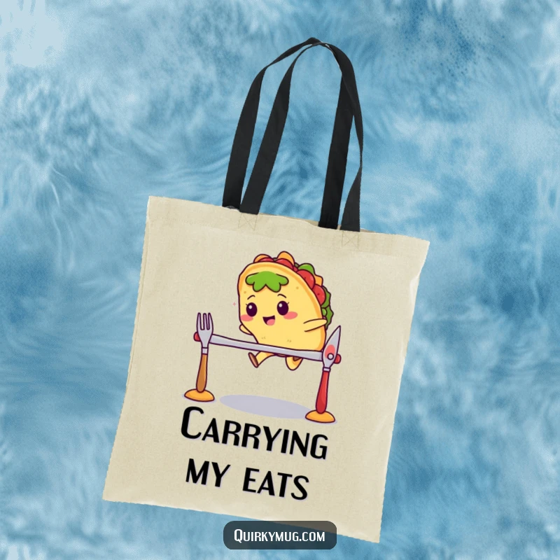 Funny Kawaii taco character mid-air, jumping over a hurdle made of cutlery on a tote bag, looking athletic.