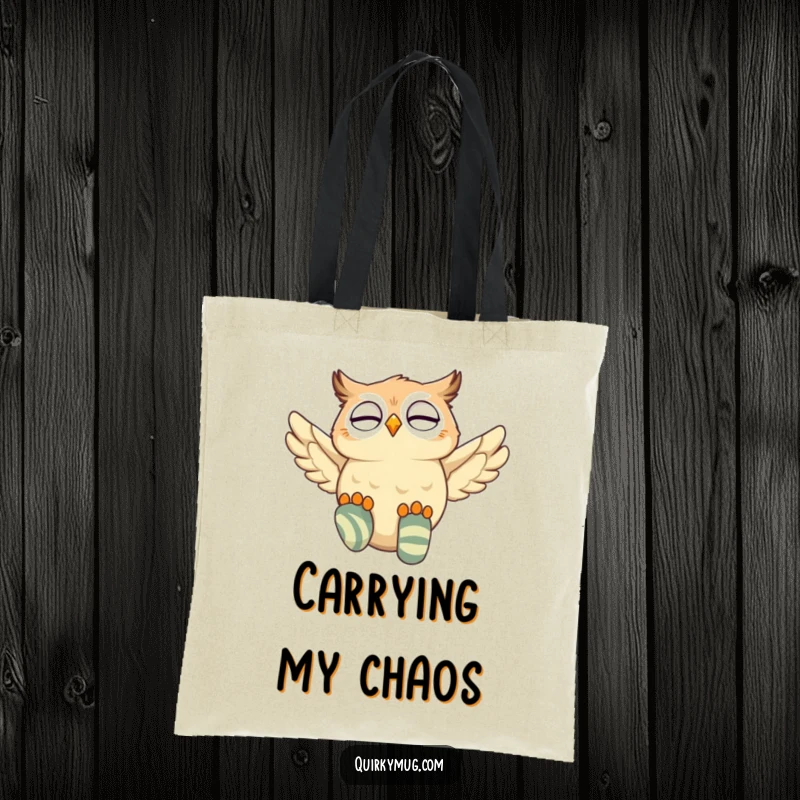 Funny owl character carrying a tote bag, attempting to fly with mismatched socks, looking comically determined.