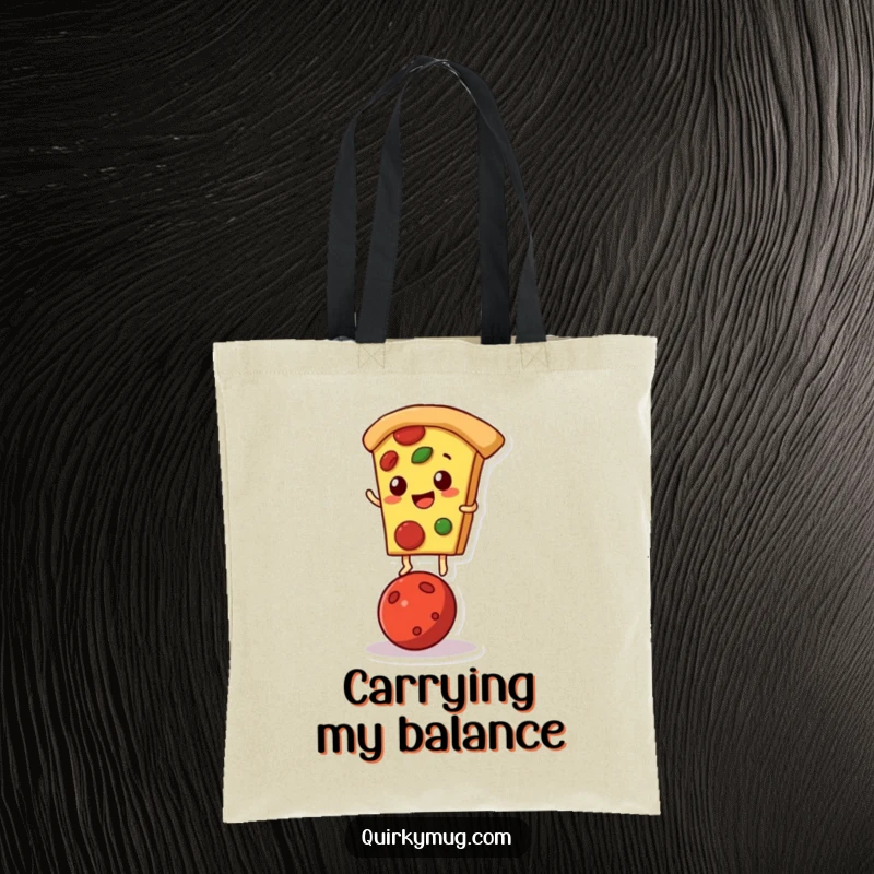 Funny tote bag with a pizza slice character balancing on a pepperoni, ideal for groceries.