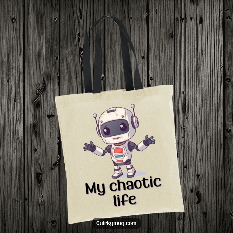 Funny Tote Bag featuring a curious robot with uncontrollable limbs during a dance, perfect for carrying humorous items.