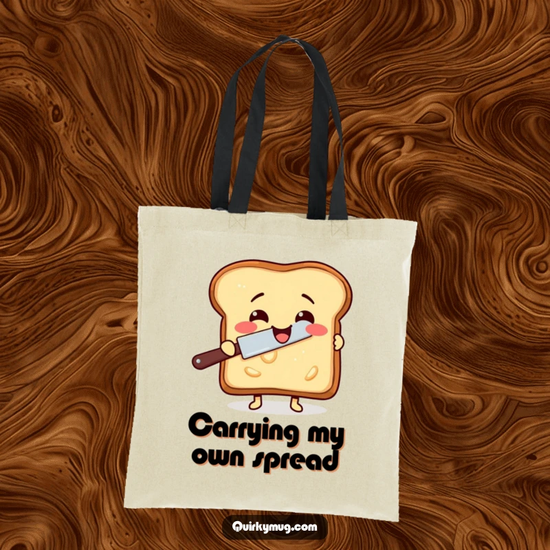 Funny tote bag showing a delighted slice of toast attempting to butter itself with a rogue butter knife.