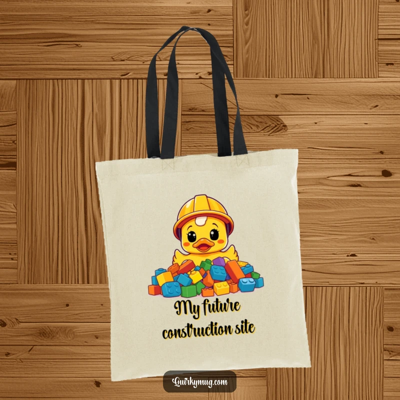 Funny construction helmet rubber ducky bewildered by LEGO bricks, a humorous and practical tote bag.
