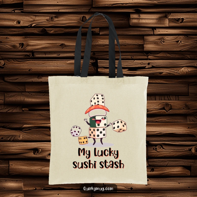 Funny tote bag showing a sushi character juggling oversized dice, ideal for carrying essentials with a humorous, lucky theme.