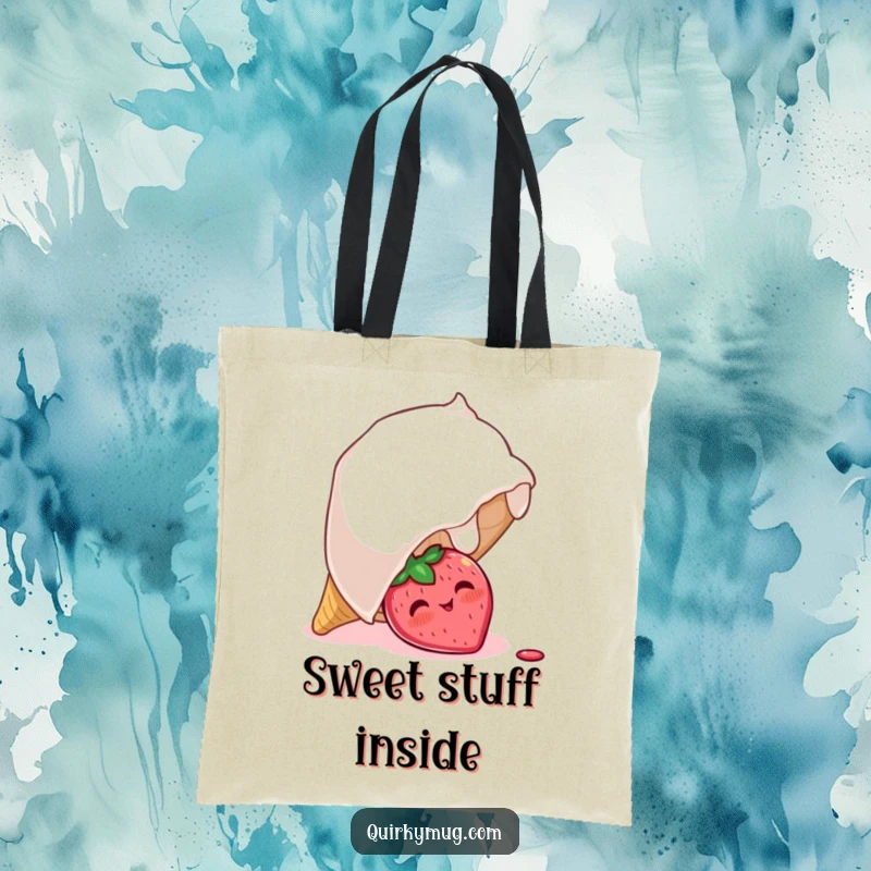 Funny tote bag featuring a blushing strawberry character peeking out from under a giant overturned ice cream cone, a sweet and humorous accessory.